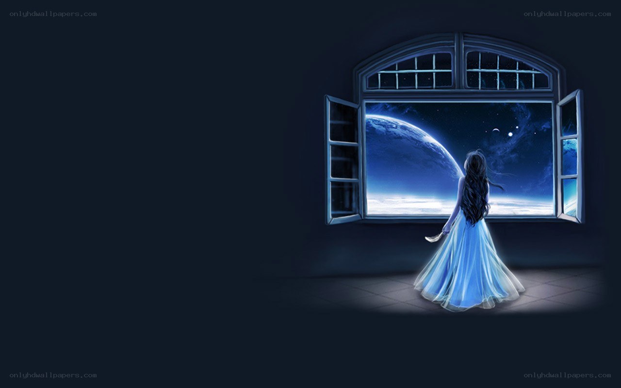 girl looking at planet from window
