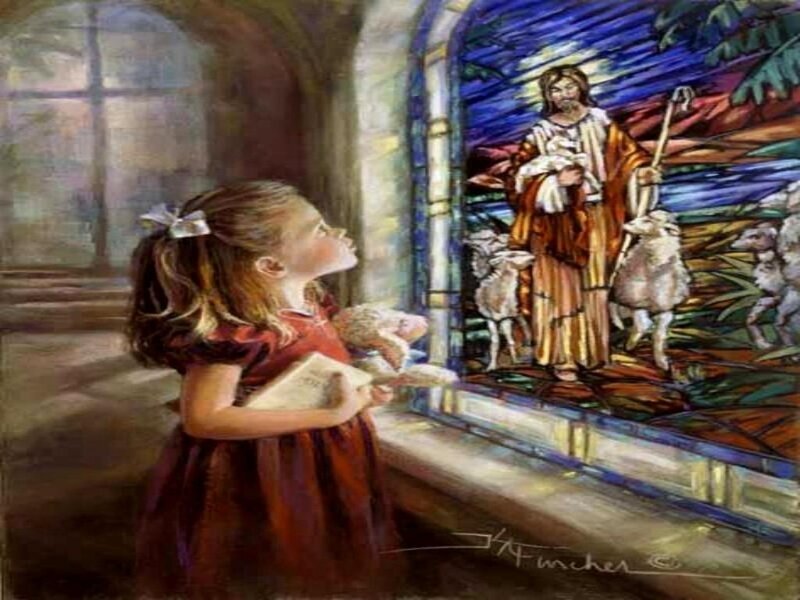 Girl Looking at Stained Glass