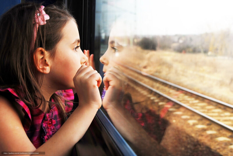Girl Looking Out Train Window — Pink, Contemplative, Afternoon