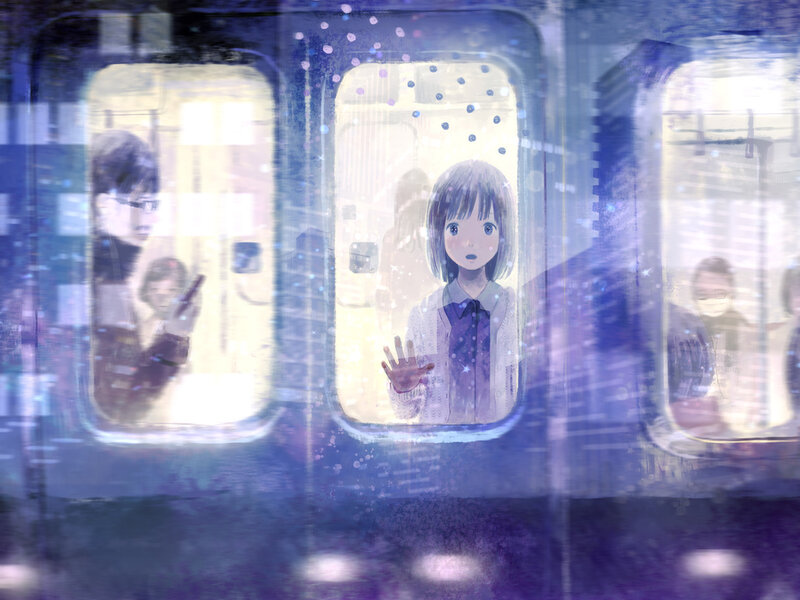 Girl Looking Out Train Window — Purple