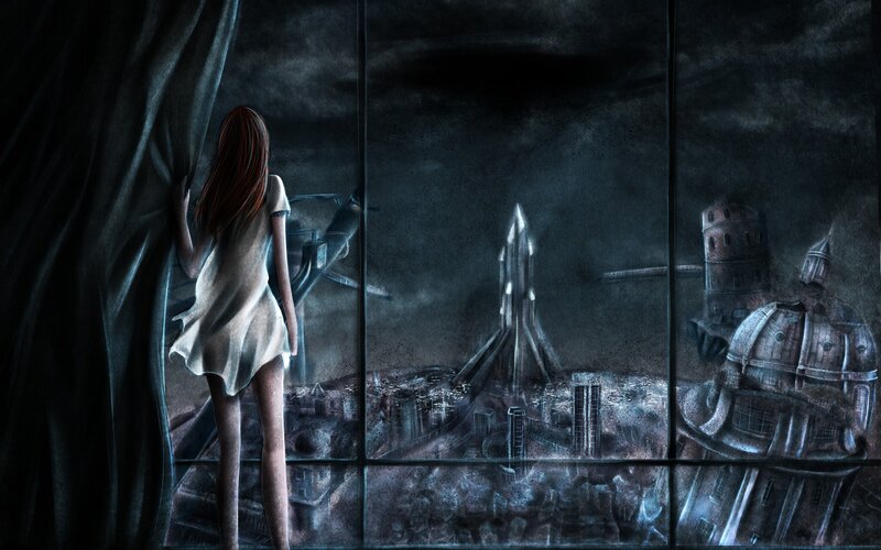 girl looking out window at city