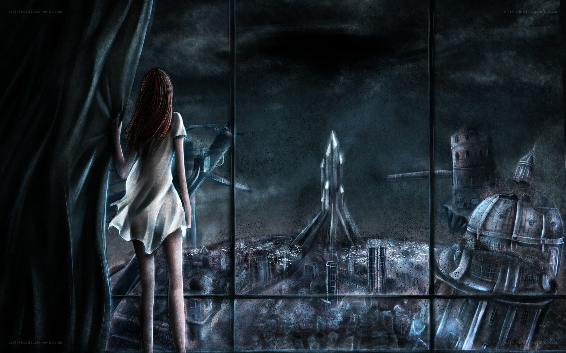 girl looking out window at city