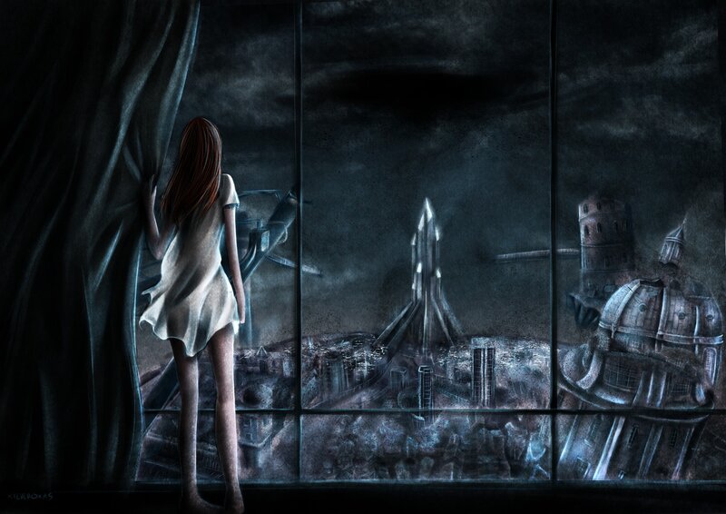 Girl Looking Out Window — Black, Dramatic, Night