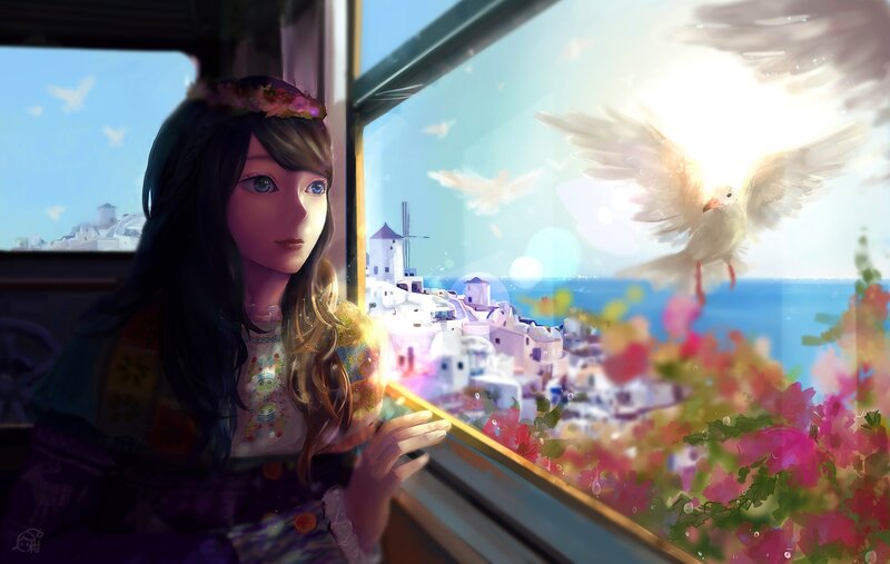 Girl Looking Out Window — Blue, Serene, Afternoon