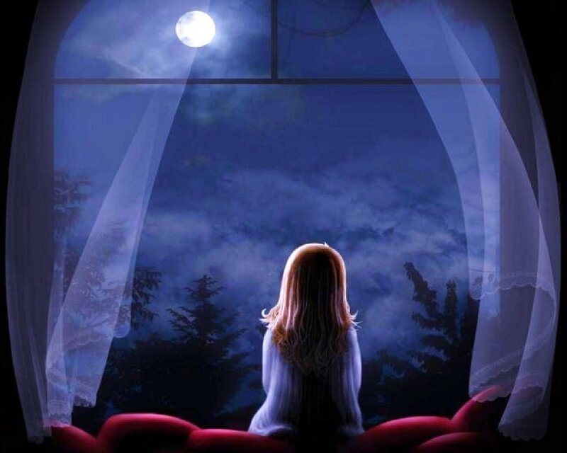 Girl Looking Out Window — Blue, Serene, Night