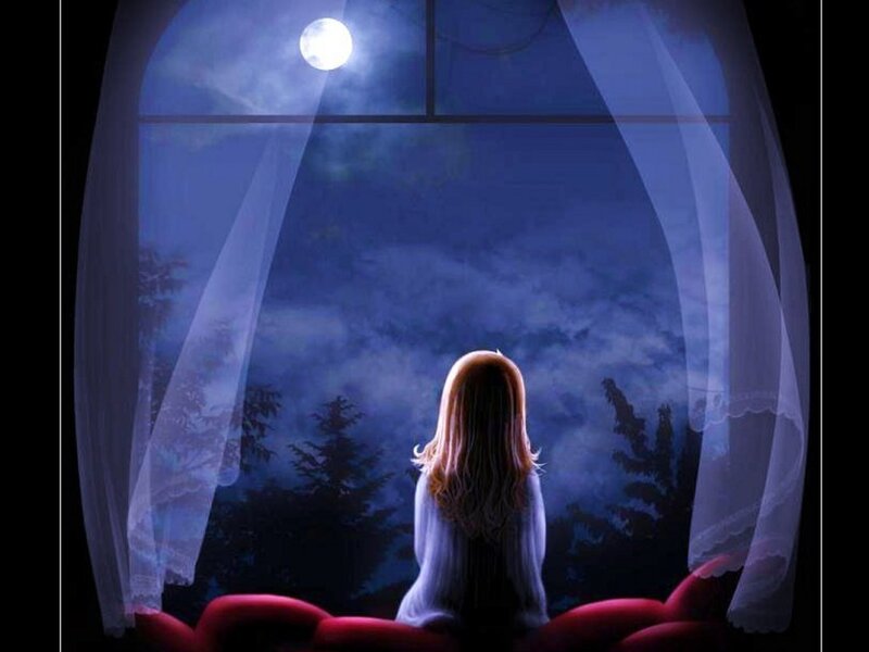 Girl Looking Out Window — Blue