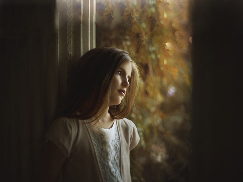 Girl Looking Out Window — Brown, Contemplative