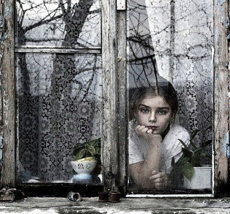 Girl Looking Out Window — Gray, Melancholic