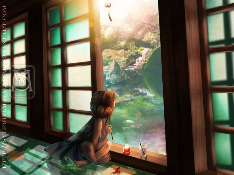 Girl Looking Out Window — Green, Serene