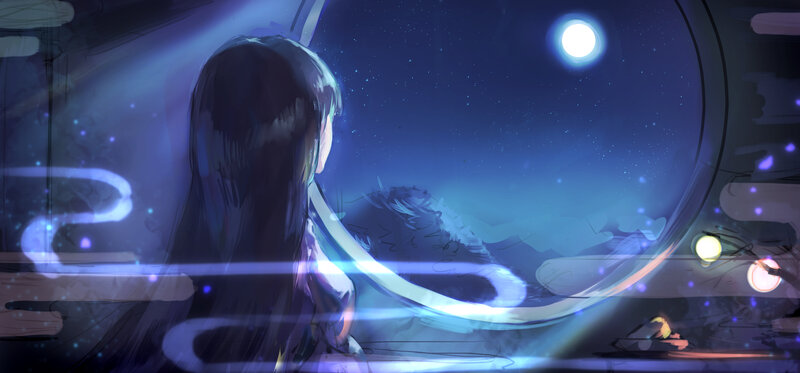Girl Looking Through Window — Blue, Serene