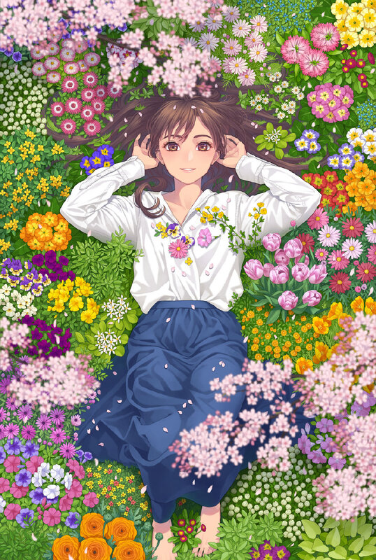 Girl Lying in Flowers — Pink, Serene