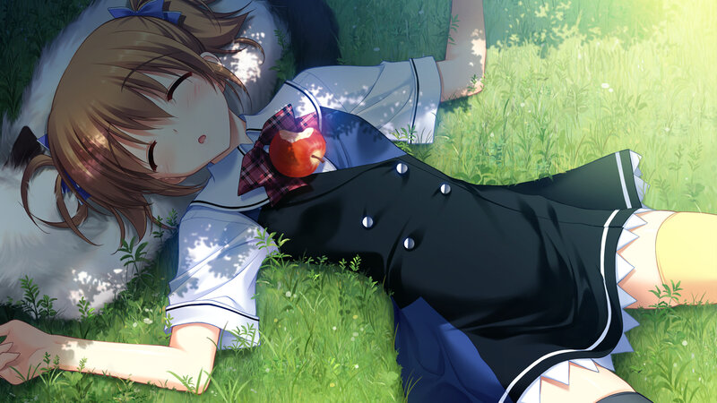 Girl Lying in Grass — Green, Serene, Afternoon, Anime, Apple