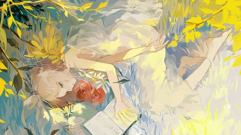 Girl Lying in Grass — Yellow, Serene