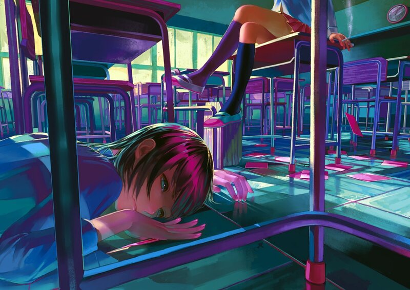 Girl Lying on Classroom Floor