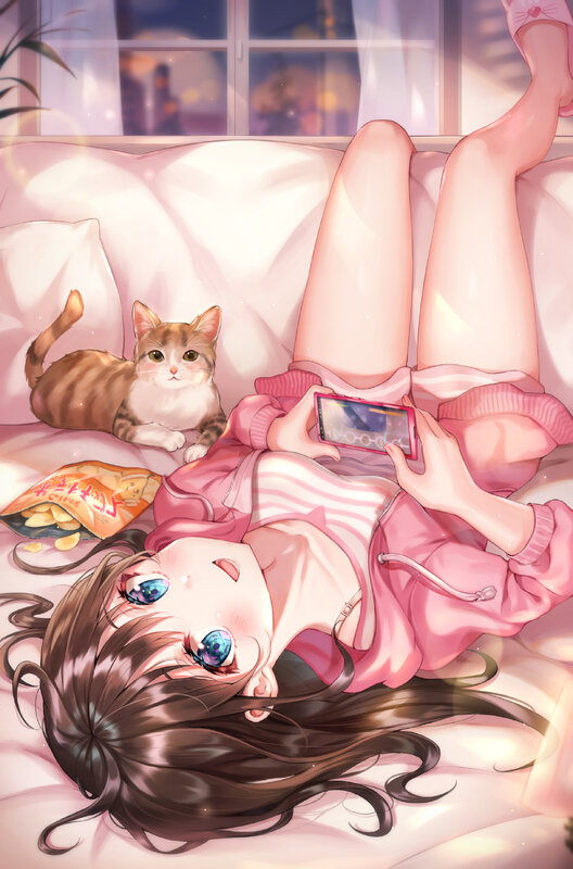 Girl Lying on Couch — Pink, Relaxed