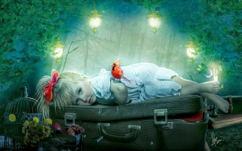 Girl Lying on Suitcase — Green