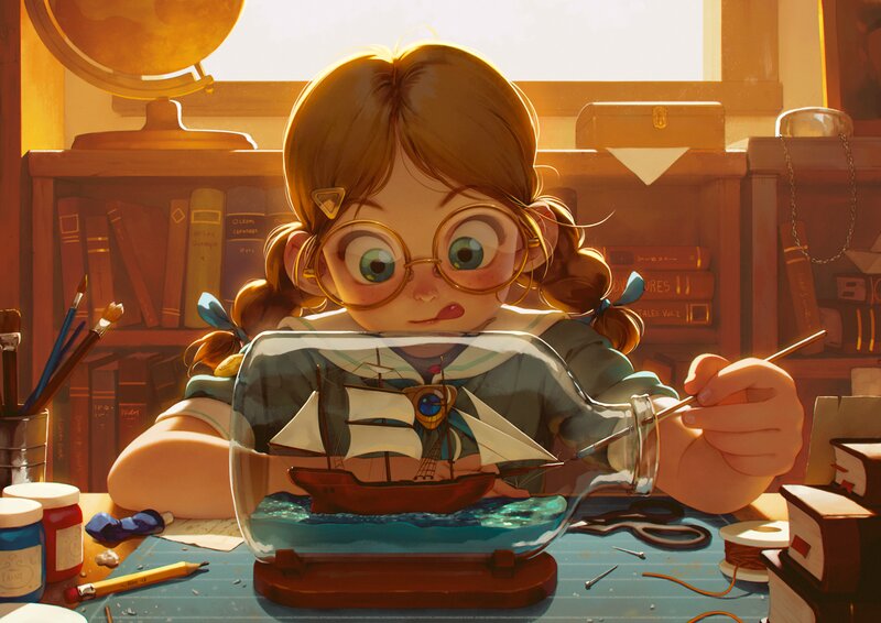 Girl Making Ship in Bottle