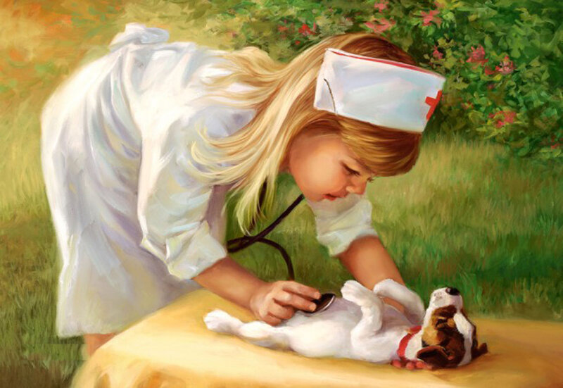 Girl Nurse with Puppy — Green