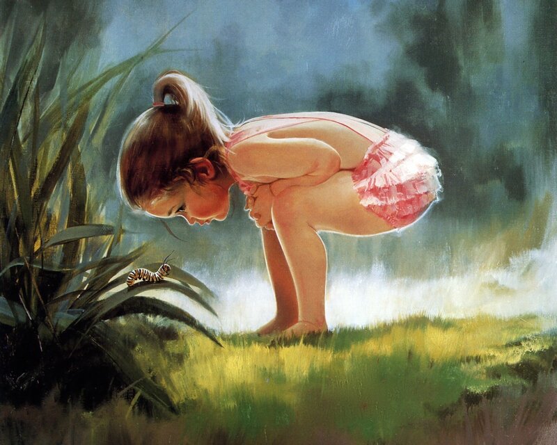 Girl Observing Caterpillar — Green, Serene