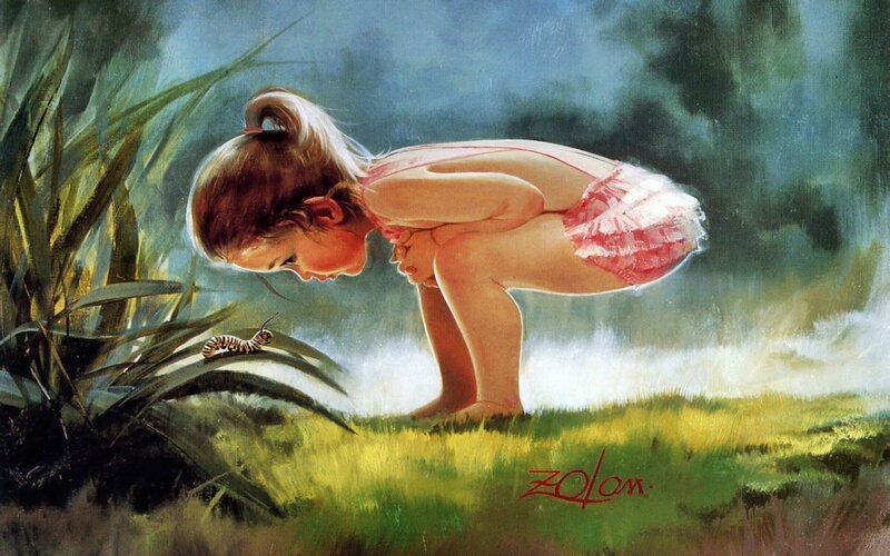 Girl Observing Caterpillar — Green