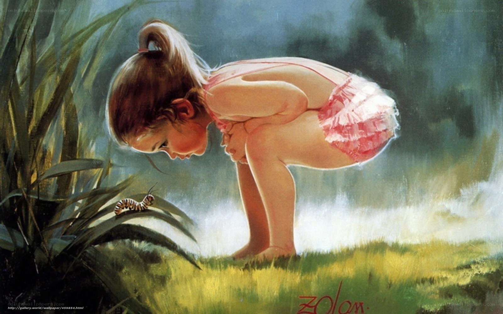 girl observing caterpillar