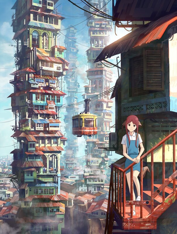 Girl on a balcony in a dense city