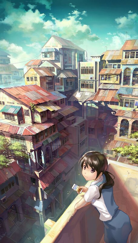 Girl on a balcony overlooking a city