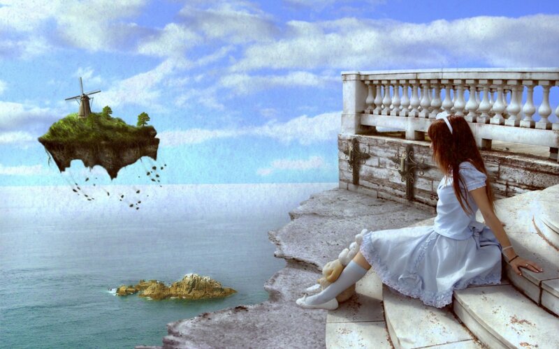Girl on a balcony with floating island