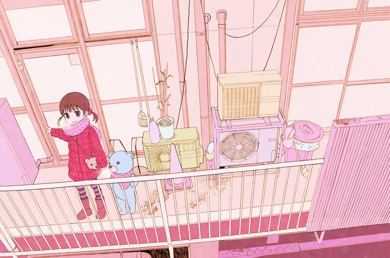 girl on a balcony with teddy bear