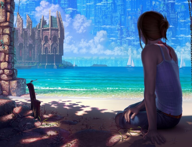 Girl on a beach with a city in the sky