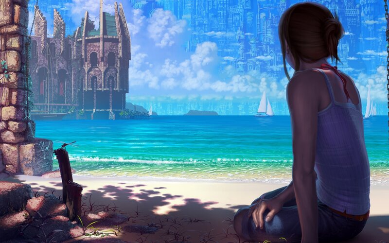 Girl on a beach with castle