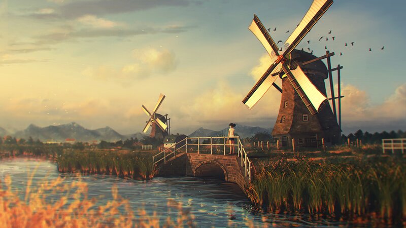 Girl on a Bridge — Blue, Serene, Sunset