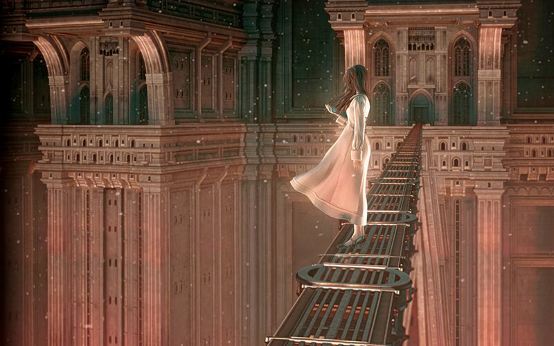 girl on a bridge in a castle