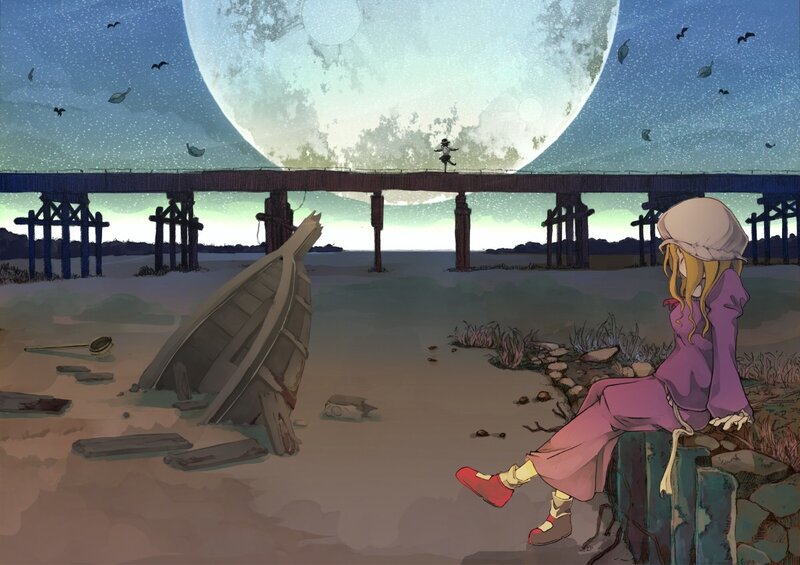 Girl on a bridge under the moon