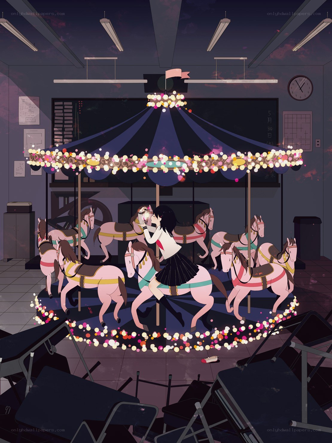 Girl on a carousel in an empty classroom