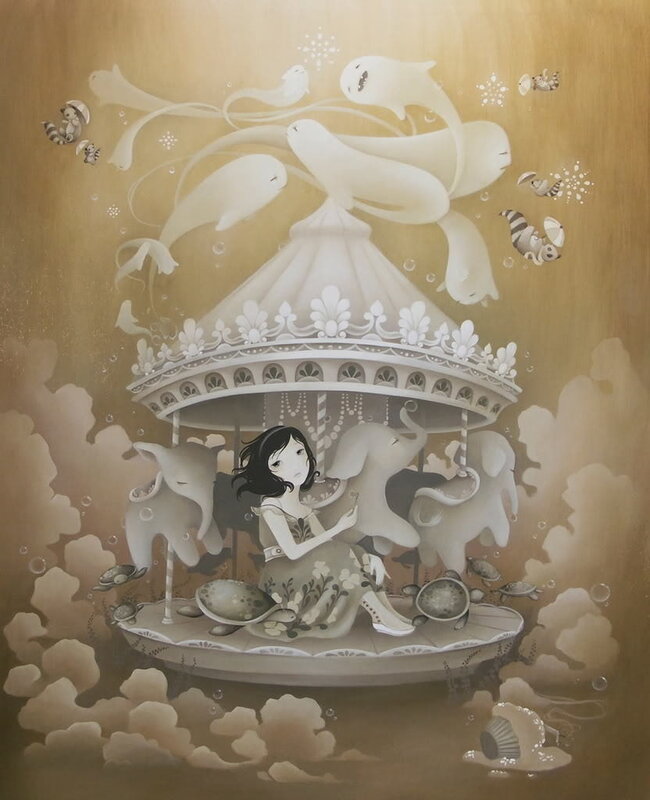 Girl on a carousel in the clouds