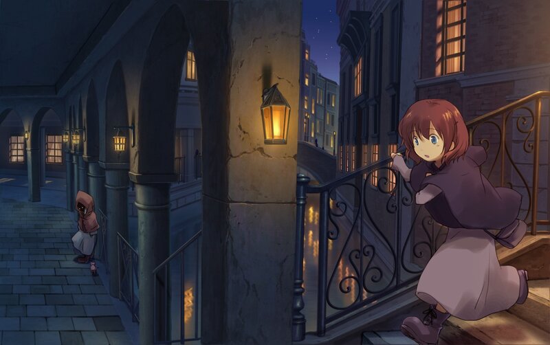 Girl on a city staircase at night