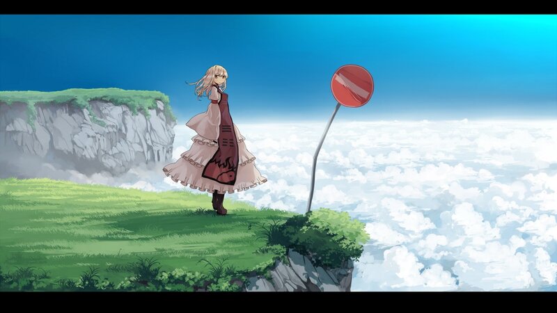 girl on a cliff with stop sign