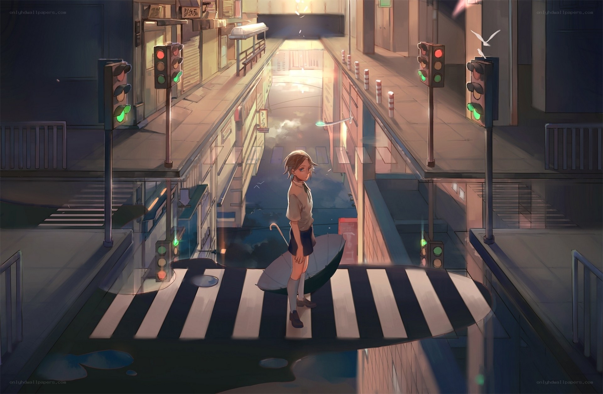 girl on a crosswalk at night