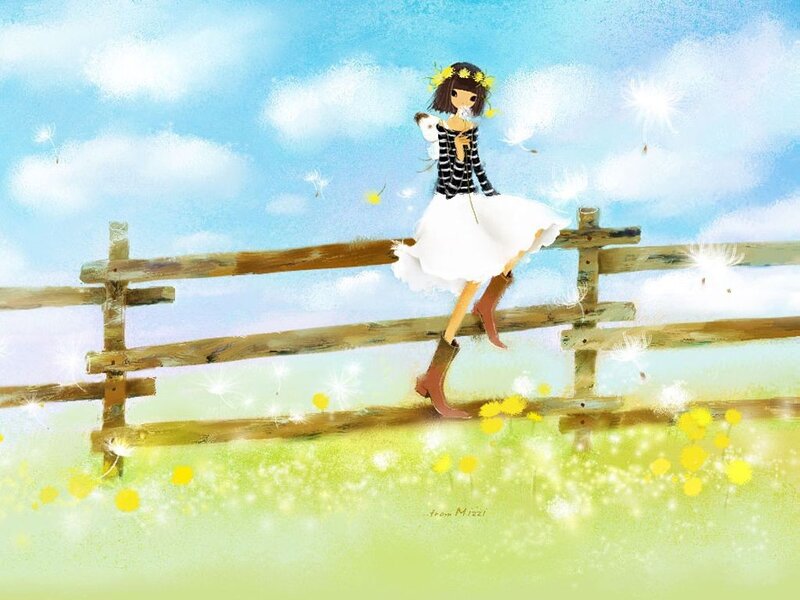 Girl on a fence with dandelions