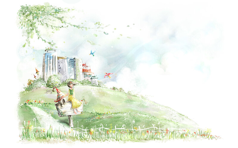 Girl on a hill with city view