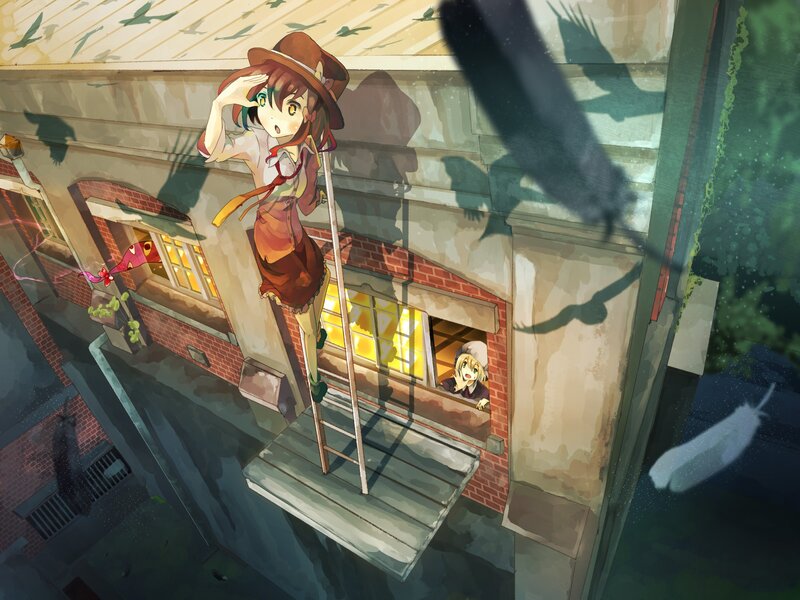 Girl on a ladder outside building
