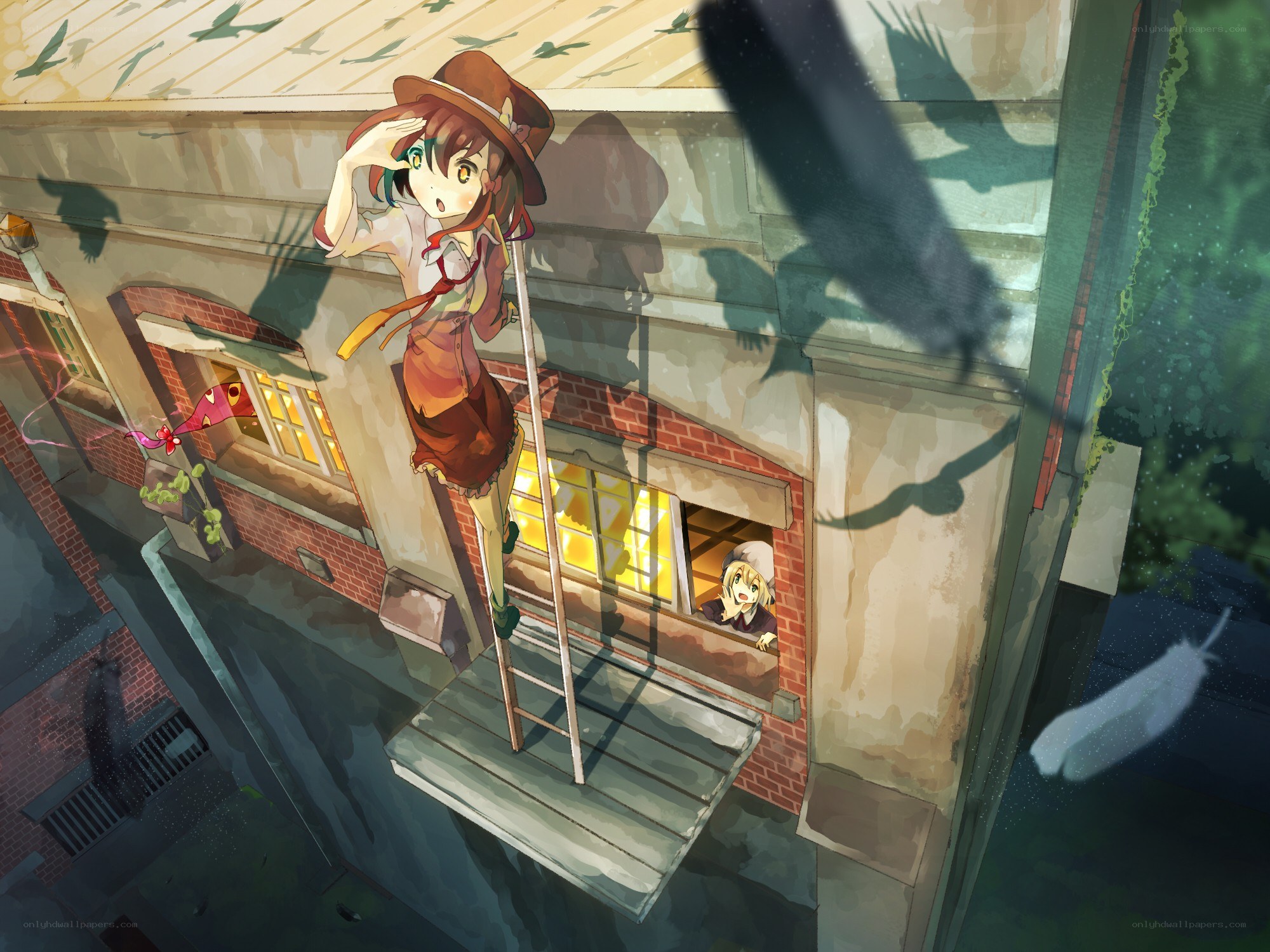 Girl on a ladder outside building