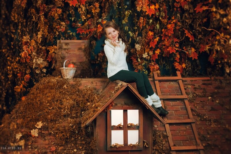 Girl on a Leaf-covered Roof