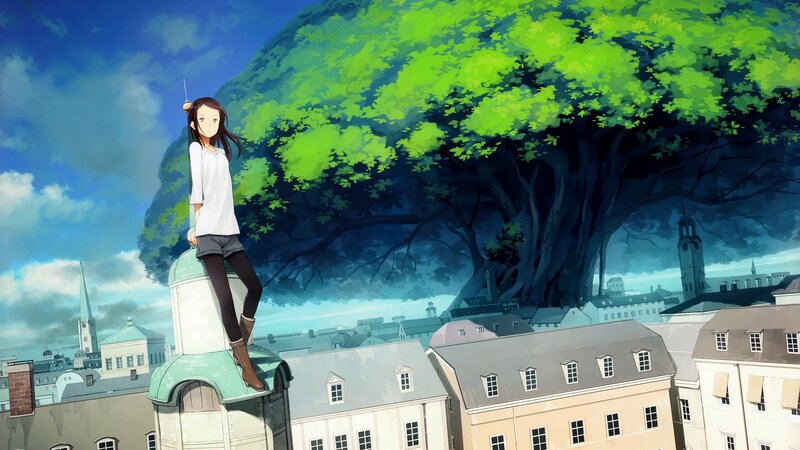 girl on a rooftop with a giant tree