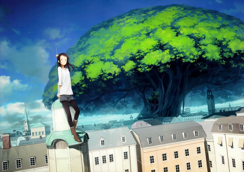 girl on a rooftop with giant tree