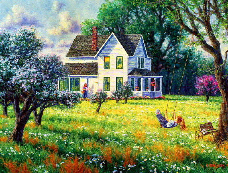 Girl on a Swing — Green, Serene, Afternoon, Painting
