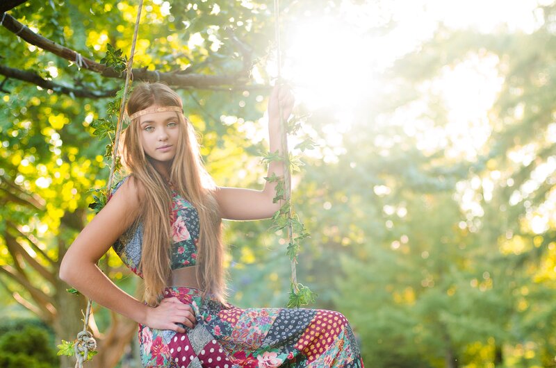 Girl on a Swing — Green, Serene, Afternoon, Photograph, Trees
