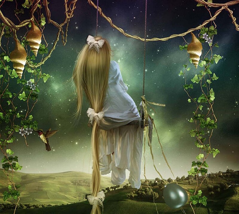 Girl on a Swing — Green, Serene, Night