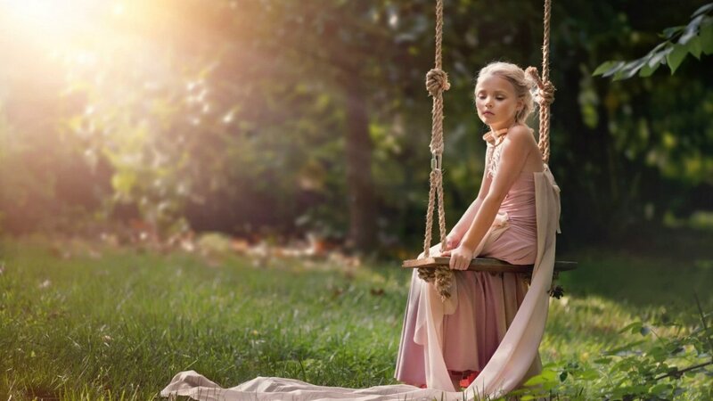 Girl on a Swing — Green, Serene, Sunset, Photograph